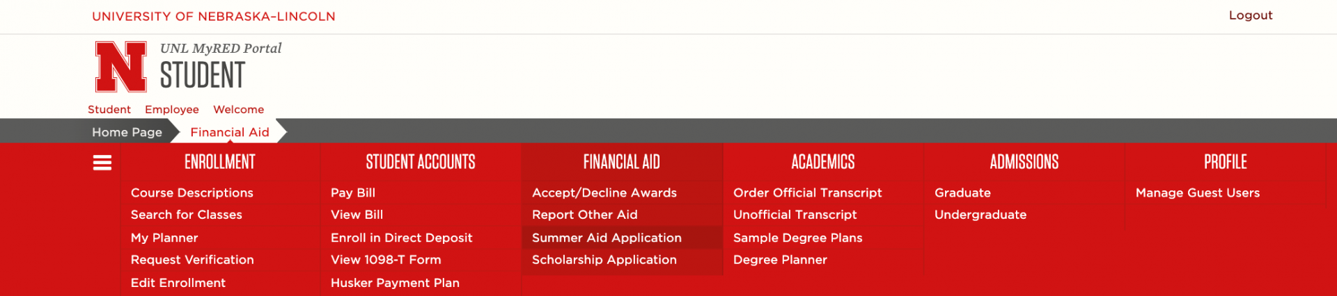 screenshot of web page menu dropdown showing Summer Aid application under Financial Aid