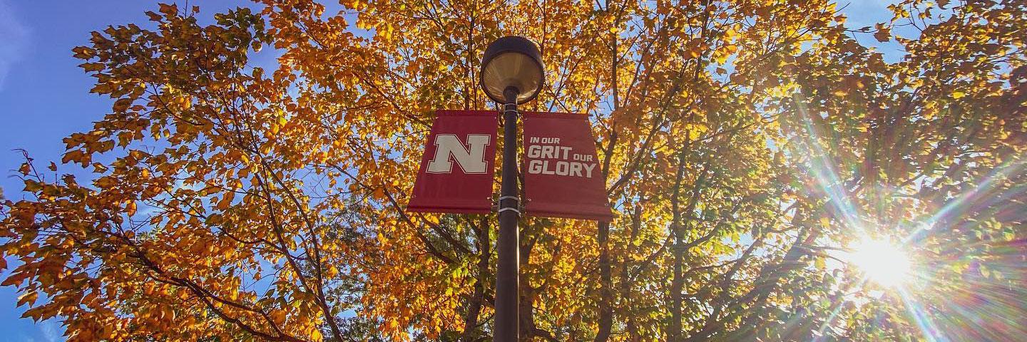 unl campus in the fall with grit and glory signage
